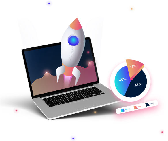 computador con cohete y grafico