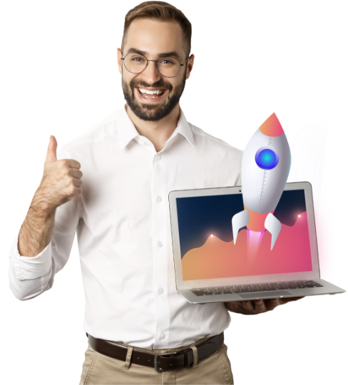 hombre con notebook y cohete